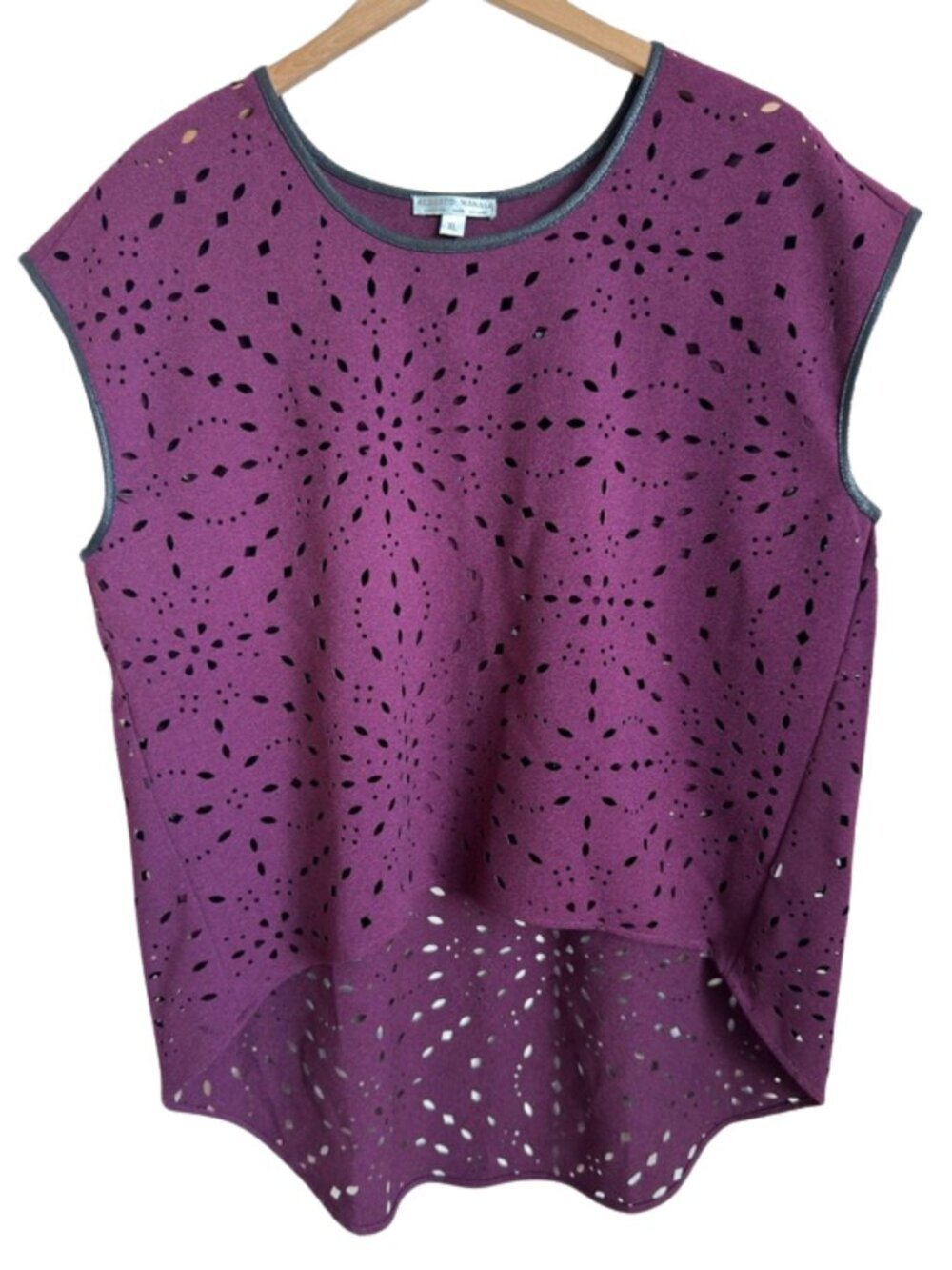 Alberto Makali Laser Cut High Low Blouse XL Purple Faux Leather Trim Artsy EUC